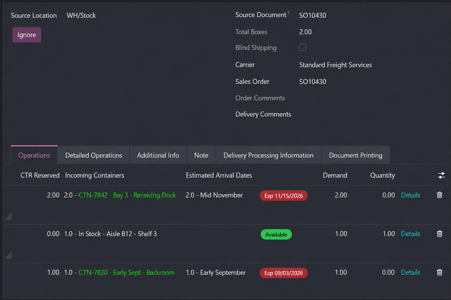 Custom Odoo inventory and logistics workflow